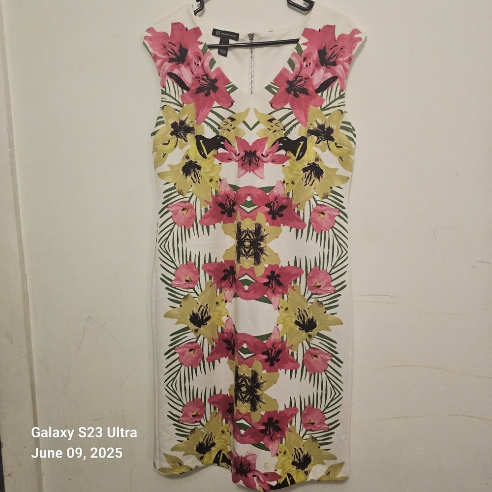 INC International Concepts Women's L‎ Floral V-Neck Sleeveless Dress Pink Spring